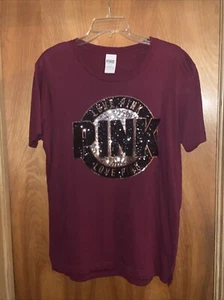 Victoria's Secret Pink Brand  Marroom Bling Sequins  Tee shirt /Top Small  Rare - Picture 1 of 4
