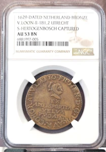 1629 NETHERLANDS BRONZE UTRECHT HERTOGENBOSCH CAPTURED NGC AU 53 RARE - Picture 1 of 3