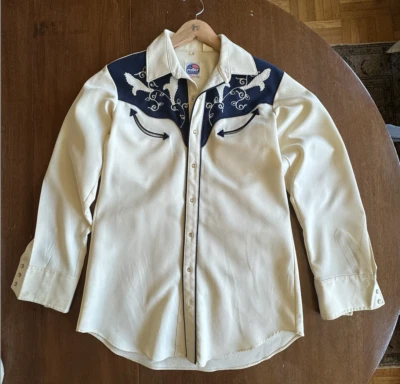 Camisa de rodeo vintage Miller Western Wear blanca bordada perla a presión para hombre talla M Foto 1 de 4