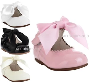 Girls Bridesmaids Bow Ribbon Party Shoes Patent Shoes Infant Sizes UK 1,3,5,7,10 - Picture 1 of 9