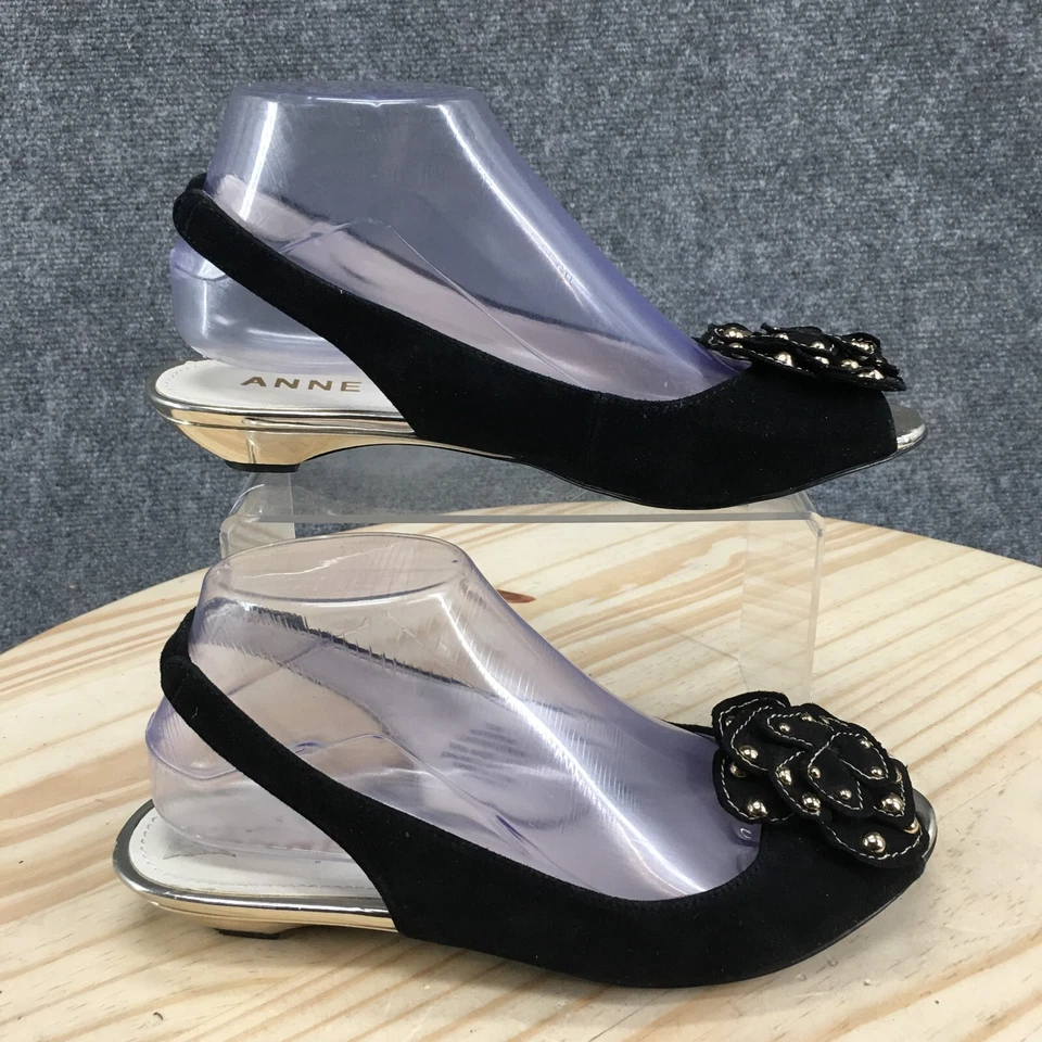 Anne Klein 凉鞋女式 7.5 Farrah 露跟黑色皮革一脚蹬楔形高跟鞋 — 第 1/4 张图片