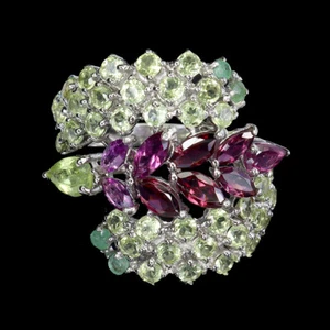 925 Sterling Silver Ring Pear Peridot Emerald Rhodolite Natural Gemstone jewelry - Picture 1 of 14