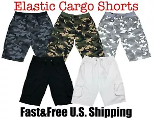 Men's Cargo Shorts Elastic Twill Short Solid Camo Pants Summer Multi Pocket Pant - Picture 1 of 21