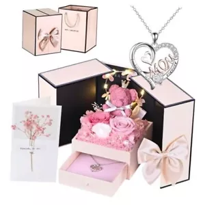 Preserved Flowers Rose Bear Gift Box with Mom Necklace Mom Necklace 2 Pink - Picture 1 of 7
