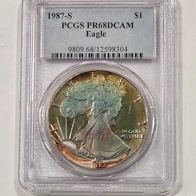 1987-S Rainbow Toned Proof Silver Eagle PCGS DCAM PR68 US Silver ASE Coin - Image 1 of 4