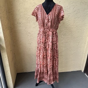 Aura Floral Midi Dress Sz M Cotton V-neck Flutter Sleeve Adjustable Waist - Picture 1 of 11