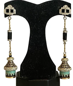 Vtg Art Deco 89 Heirlooms of Tomorrow Rhinestone-Enamel 4" LONG Dangle Earrings - Picture 1 of 10