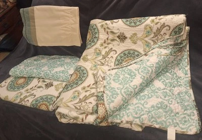 Edredón/colcha reversible 92"x104", 2 fundas de almohada + cenefa de ventana verde azulado y marrón Foto 1 de 4