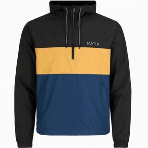 Matix Men’s Large Colorblock Windbreaker Jacket Black Yellow Blue Pullover Hood - Picture 1 of 6