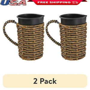 Verzinkter Krug 2er Set Rattan Griff Innen Außen Deko Auslaufsicher Neu - Bild 1 von 8