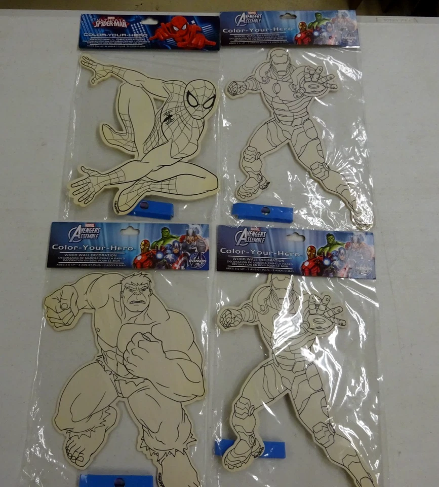 Lot of 4, AVENGERS & SPIDER MAN Color Your Hero WOOD WALL DECORATION 11" X 8" ea - Image 1 of 4