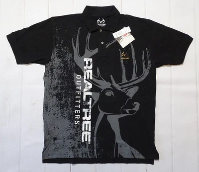 Realtree Outfitters Black Polo Shirt Deer Hunter Mens Large 10 Point Buck (L) - Image 1 of 4