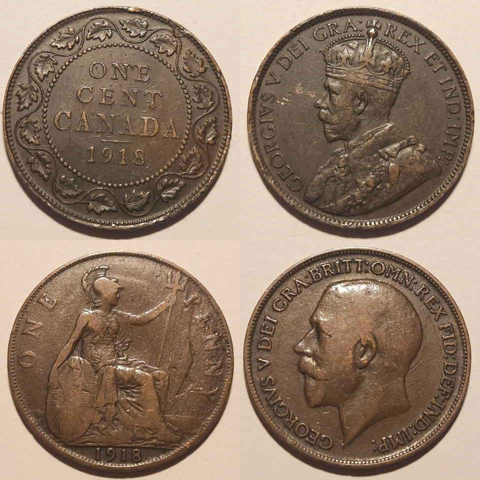 Lot of (2) 1918 One Cent/Penny Coins: Canada & Great Britain - George V - Image 1 of 1