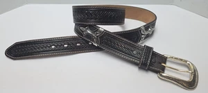 Justin Tooled Black Leather Western Belt | Engraved Silver Buckle SZ 42-46 USA - Picture 1 of 11