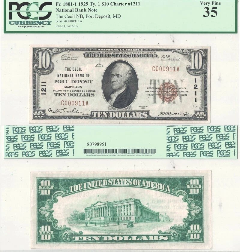 1929 $10 Maryland PCGS VF-35 Cecil National Bank Of Port Deposit Charter 1211 - Image 1 of 1