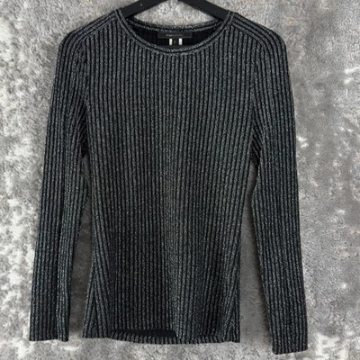Pullover BCBGMaxazria Talla S Metálico Rayas Elástico Negro Plateado Manga Larga Foto 1 de 4