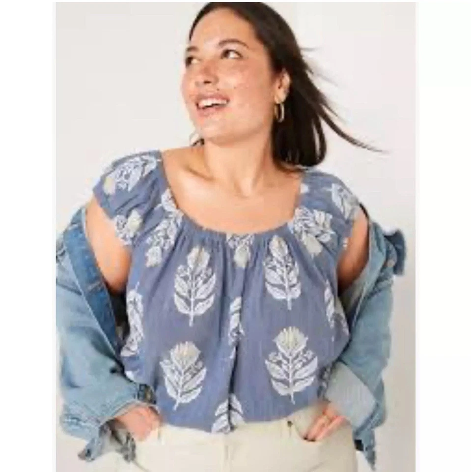 Blusa feminina Old Navy manga folhada floral 2X azul boho camponesa fora do ombro - Imagem 1 de 4