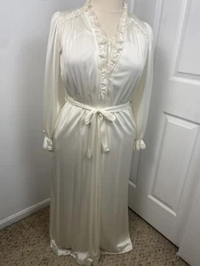 Vintage Miss Elaine Silky Long Nightgown Robe Set Ecru Romantic 1980s READ - Picture 1 of 24
