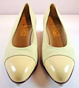 Salvatore Ferragamo Heels Beige Fabric Leather Shoes Womens Size 8 AAA - Picture 1 of 11