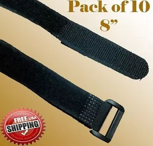 10 x 8" Black Fastener Cable Tie Down Straps Reusable Cord Hook & Loop Fabric - Picture 1 of 3