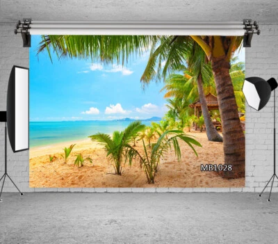 10x8FT Hawaii Summer Beach Palm Trees Seamless Vinyl Backdrop Photo Background - Image 1 of 4
