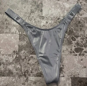 NWT VICTORIA'S SECRET MEDIUM GRAY SATIN SMOOTH SILVER SHINE STRAP THONG PANTIES - Picture 1 of 3