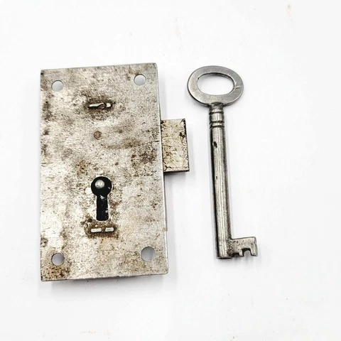 Vintage Cabinet Drawer Dresser Lock with Skeleton Key 2 7/8"x 1 5/8" Cover