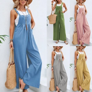 Womens Wide Leg Dungarees Jumpsuit Ladies Loose Casual Overalls Playsuit Rompers - Picture 1 of 21