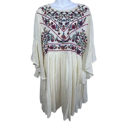 Vestido Boho Umgee Talla Grande XL Crema Bordado Mangas Campana 3/4 Foto 1 de 4