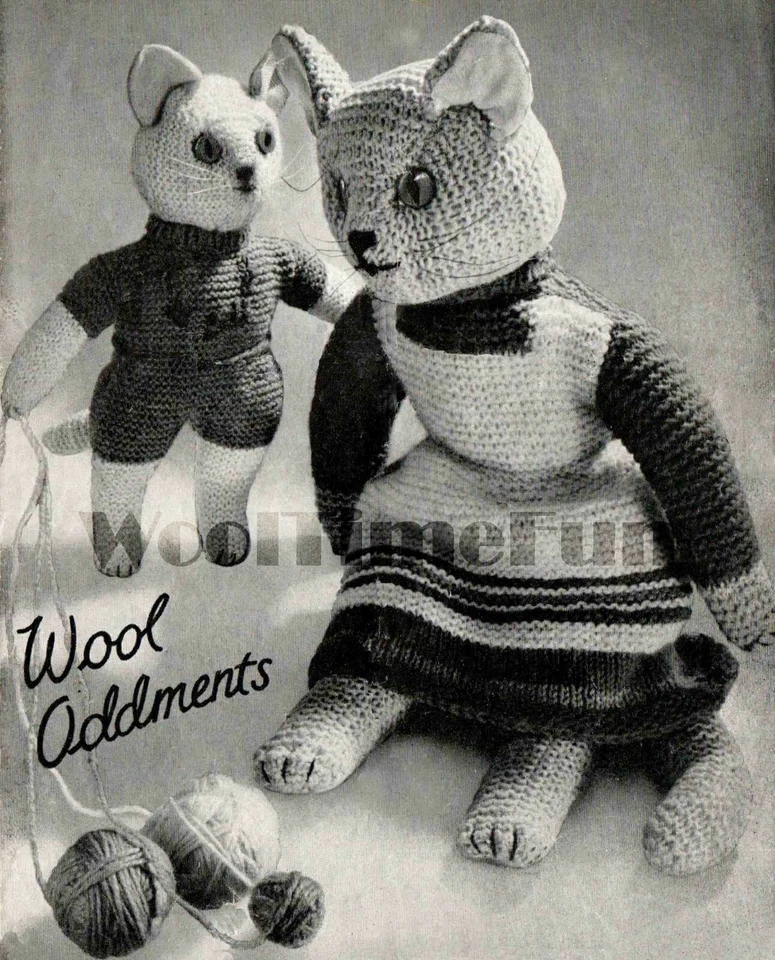 Knitting Pattern Vintage 1940s Toy Cat & Kitten Use Wool Oddments. - Image 1 of 1