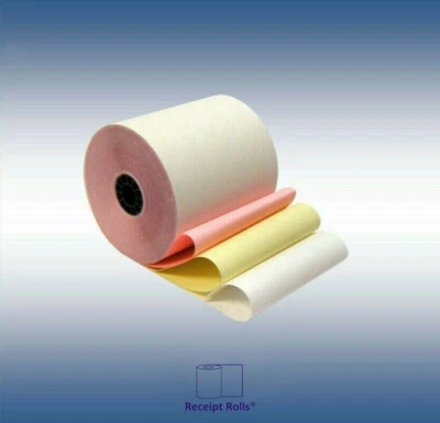 Rollos de papel para caja registradora 3" x 65' 3 capas blanco/canario/rosa - 50/rollos Foto 1 de 3
