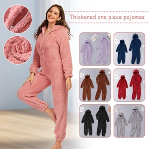 Unisex Women Men Couple Warm Plush Coverall Pajama Hooded Thicken Home Jumpsuit - Picture 1 of 42