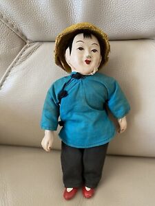 Antique Doll Chinese Composition Head Hand Feet 1920s 1930s Fabric Body Dressed