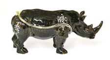 Black Rhino Rhinoceros Hinged Pewter Enamel Lg Trinket Box w Swarovski Crystals