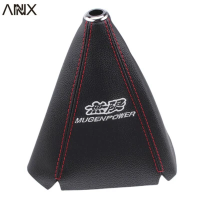 Black MUGEN Shift Knob Shifter Boot Cover MT/AT w/ PVC Leather Red Stitches JDM - Image 1 of 4