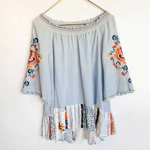 John Mark Boho Embroidered Peasant Top S Blue Off Shoulder Patchwork Ruffle Hem - Picture 1 of 8