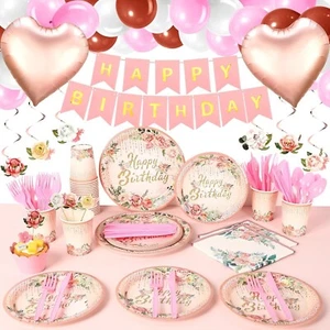 224 pc Rose Gold/Pink Happy Birthday Party Decorations, Plates, Cups, Banner, - Picture 1 of 5