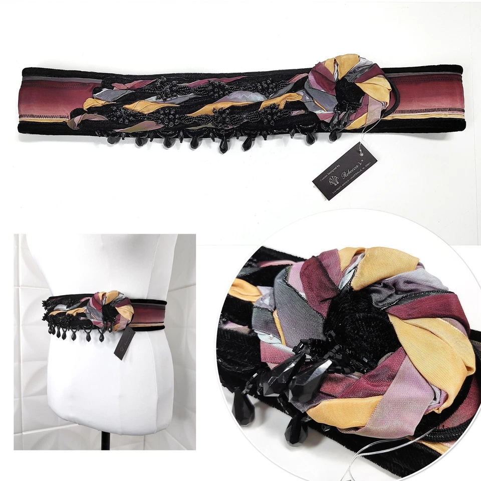 Cinto de contas glam vintage anos 80-90 Rebecca com nós roxo preto ajusta 20-37" - Imagem 1 de 4