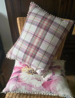  Voyage Maison Linen & Wool Pink Floral & Plaid Feather Filled Cushion Exc. Con. - Image 1 of 4