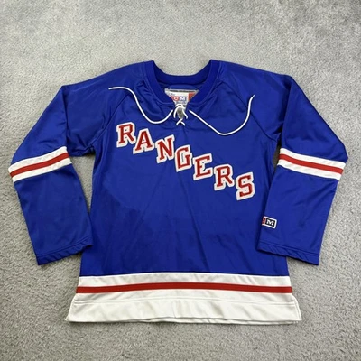 Camiseta deportiva de hockey vintage de los New York Rangers para mujer grande azul NHL con cordones CCM 90s Foto 1 de 4