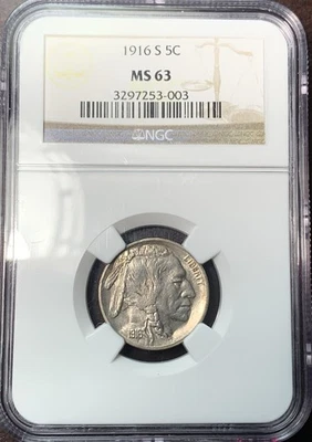 1916-S 5c Buffalo Nickel NGC MS63 Tougher Date - Image 1 of 4