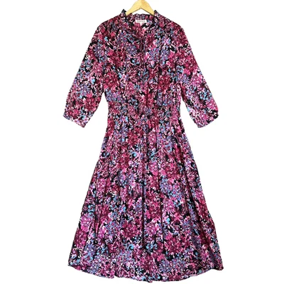Nanette Lepore Dress 16 Dark Floral Pink Long Sleeve Elastic Waist Hi Low Midi - Image 1 of 4