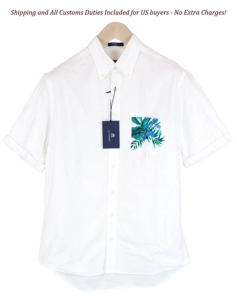 GANT Beach Oxford Men M White Collared Shirt Fitted Pure Cotton Short Sleeve
