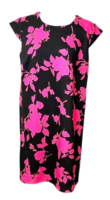 Vestido Marc Bouwer Unlimited L Negro Rosa Floral Elástico Manga Gorra Cambio Cóctel Foto 1 de 4