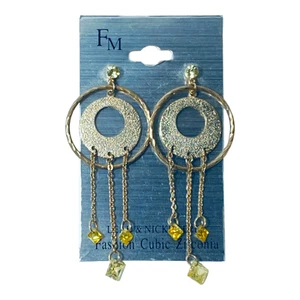 Diamond Cut CZ Dangle Earrings Gold Tone Double Circle Trendy 2.75 in long NWT - Picture 1 of 3