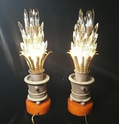 Rare Antique Vintage Pair Brass Crystals Empire Style Table Lamps Bakelite Base - Image 1 of 4