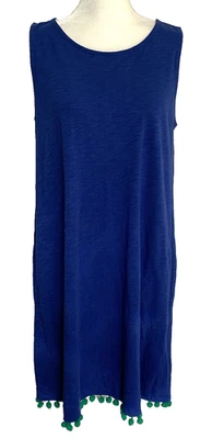 C&C California Shift Dress L Sleeveless Crew Neck Pom Pom Keyhole Pockets Blue - Image 1 of 4