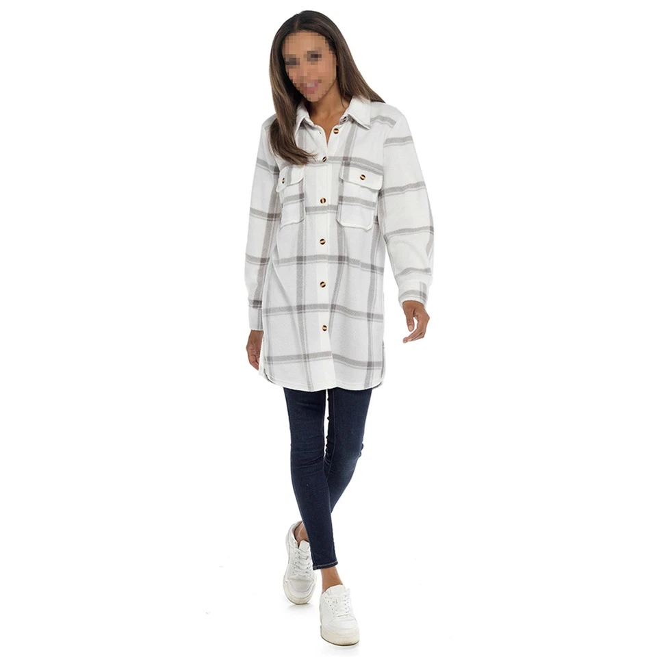 Ladies Fleece Check Shacket Oversized Shirt Jacket with Pockets Warm Winter Coat - Image 1 of 1