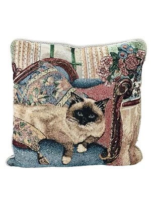 Siamese Cat Tapestry Pillow 16" Decorative Needlepoint Lounging By Fashion - Image 1 of 2