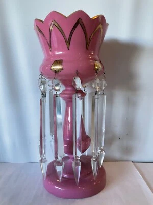 Antique Pink Opaline Mantle Luster Candle Holder LARGE Crystal Prisms Gold Gild - Image 1 of 4